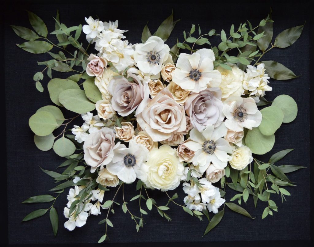 preserve wedding bouquet in shadow box with flat lay design, dried flowers